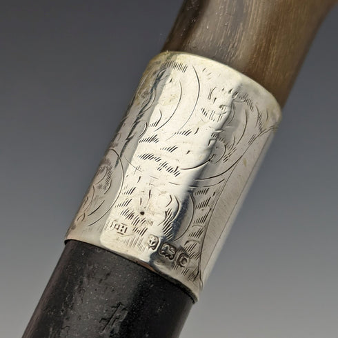 1927年 英国ヴィンテージ 紳士用ステッキ 杖 純銀装飾 曲がりホーンハンドル 92cm